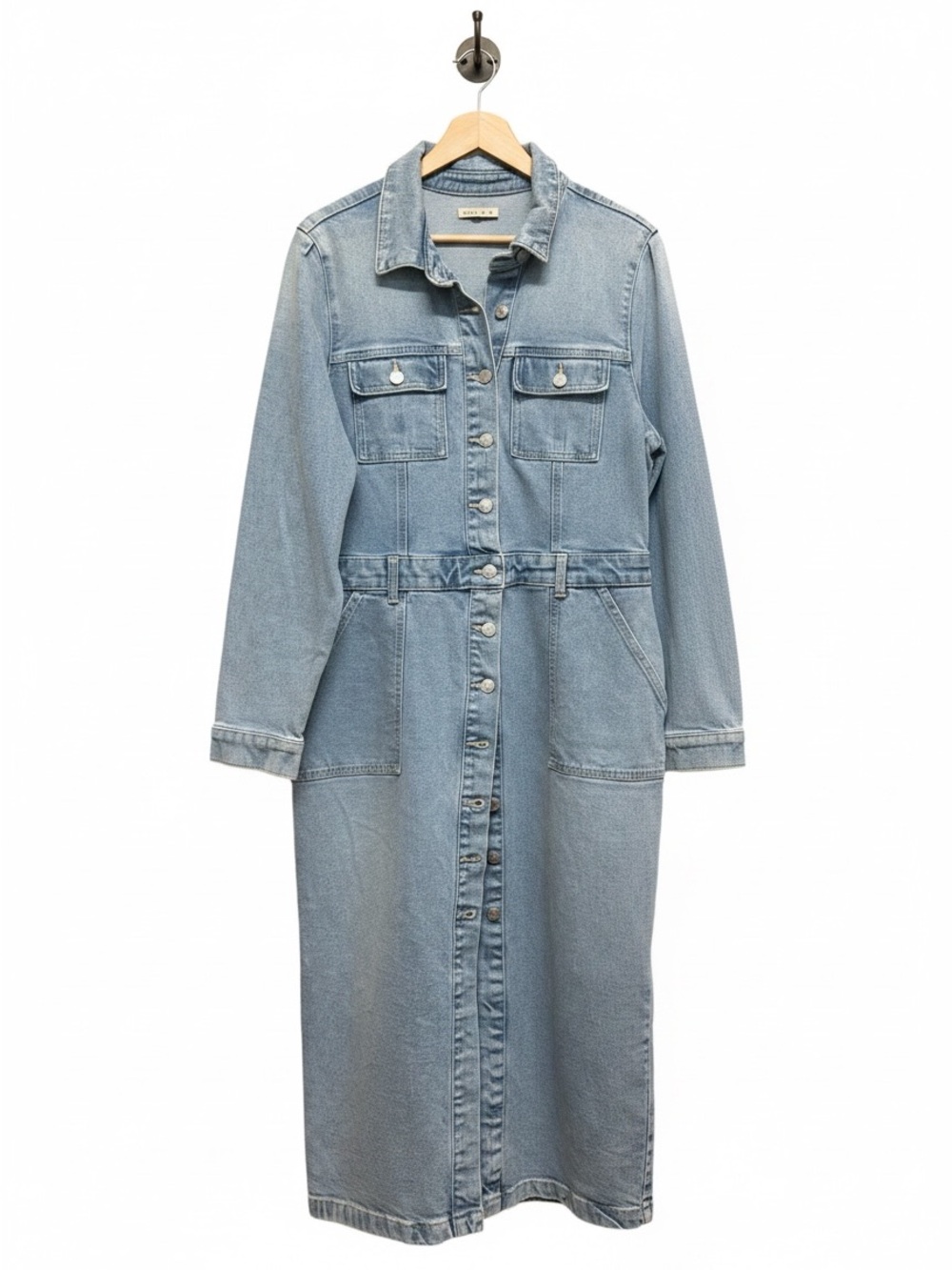 Vintage Heavy Denim Light Wash Button Front Midi Duster Jacket Dress Size 18